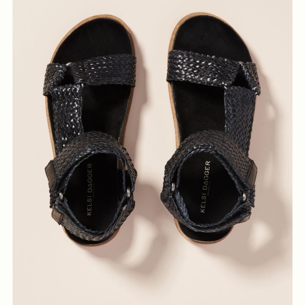 Kelsi Dagger Black Braided Leather Ankle Strap Sandals